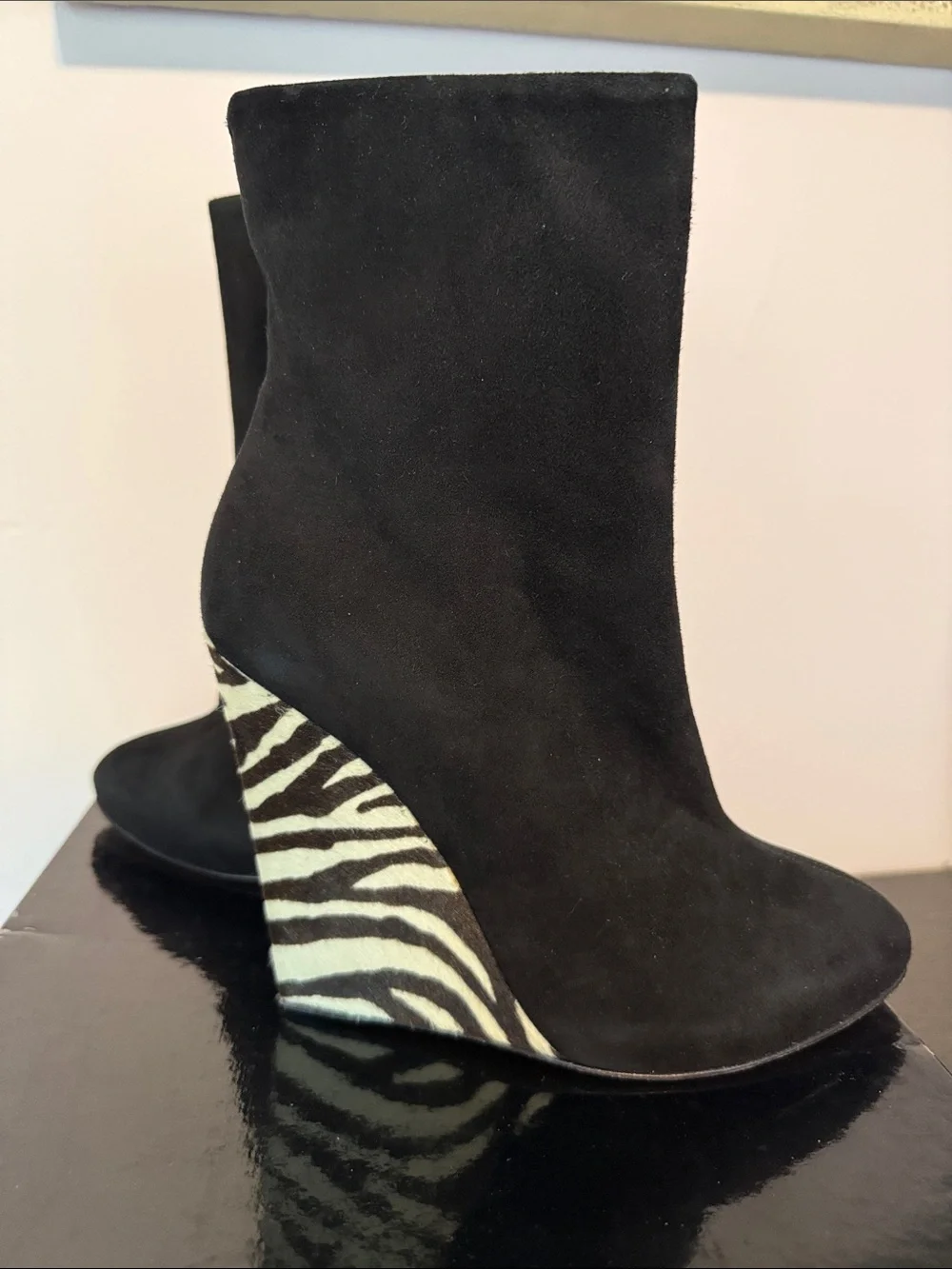 Giuseppe Zanotti Black Suede Ankle Booties with Zebra Wedge